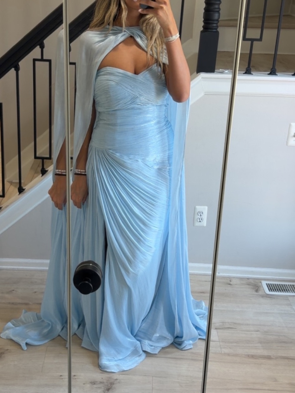 Light Blue Strapless Ruched Evening Gown